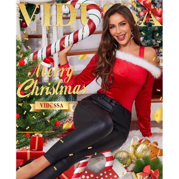 Shoulder Top – Women’s Santa Velvet Off-the-Shoulder Sweater with Fur Trim - Picture 2 of 6